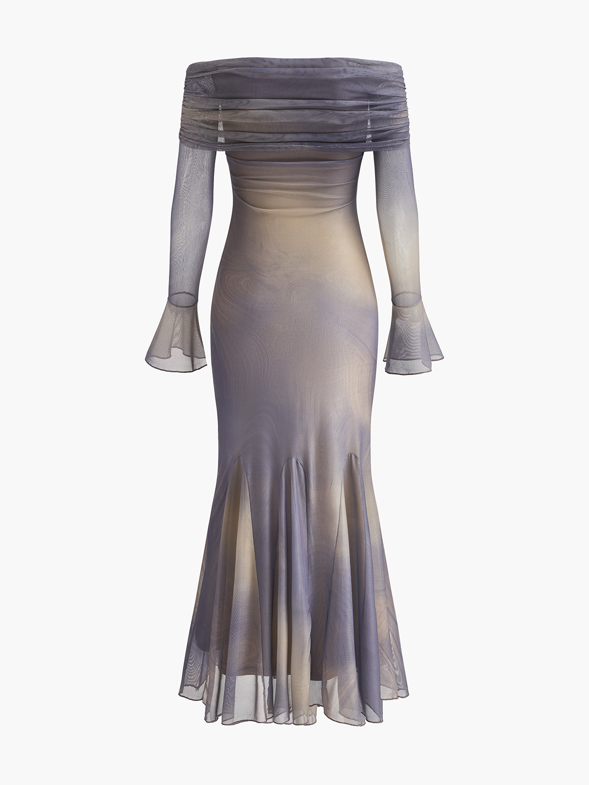 Halbtransparenteres schulterfreies Kleid mit ausgestellten Ärmeln