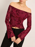 Off-Shoulder T-Shirt mit Blumenmuster und halbdurchsichtigem Stoff