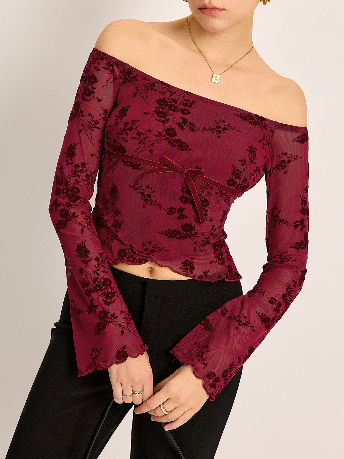 Off-Shoulder Floral Print Semi-Sheer T-Shirt