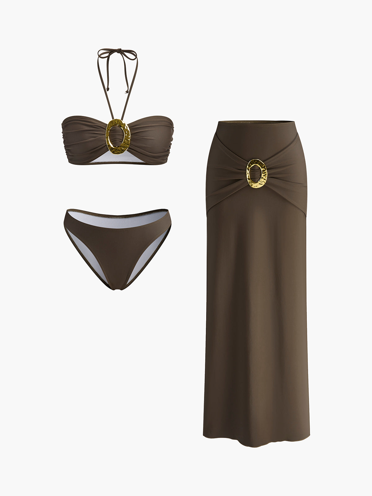 Bandeau-Bikini-Set mit ovalem Ringdetail und drapiertem Rock 