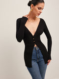 Gerippter Strickcardigan mit Knopfleiste und Schlitz