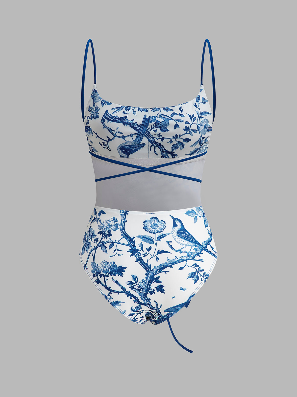 Badeanzug mit Vogelmuster und Bindegürtel 