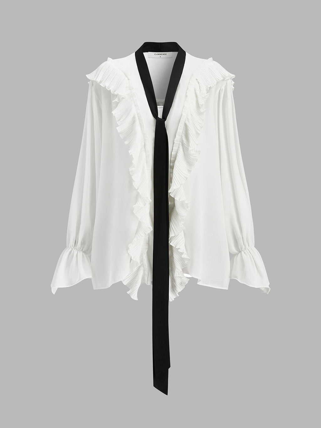 Halbtransparente Bluse mit Rüschendetails und kontrastierendem Bindeband