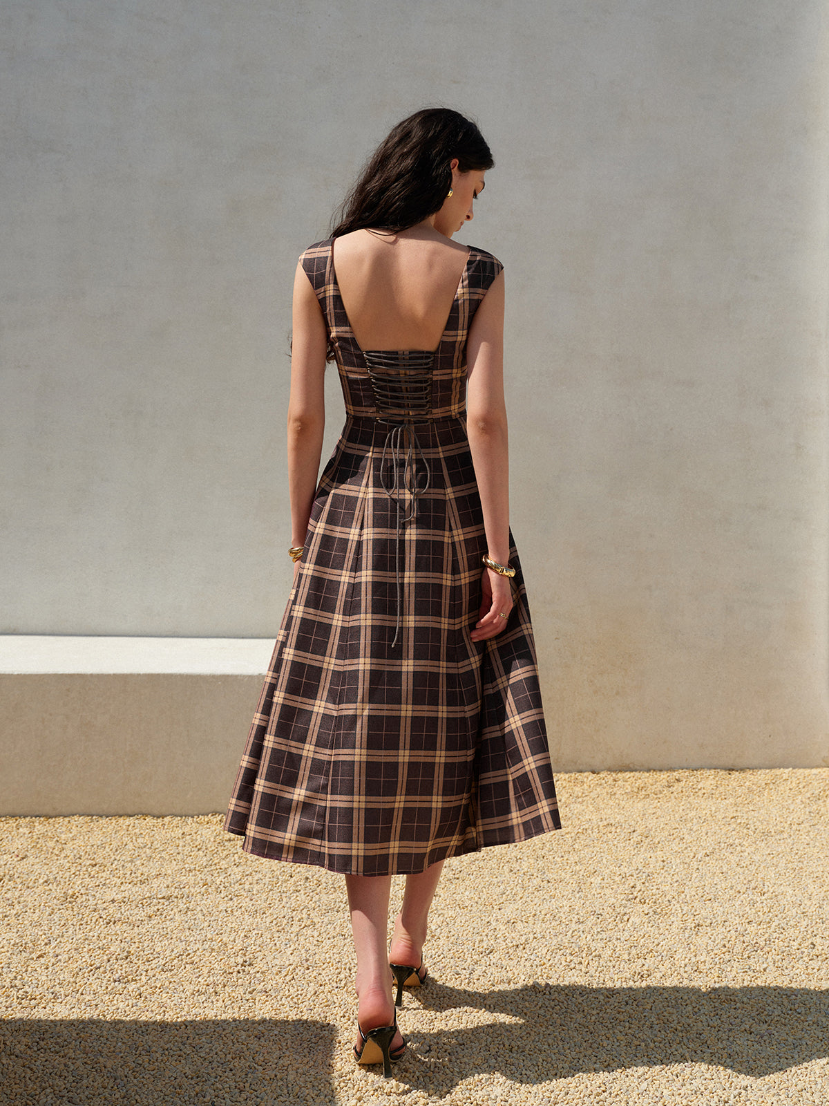 Square Neck Sleeveless Pleated Plaid Dress
