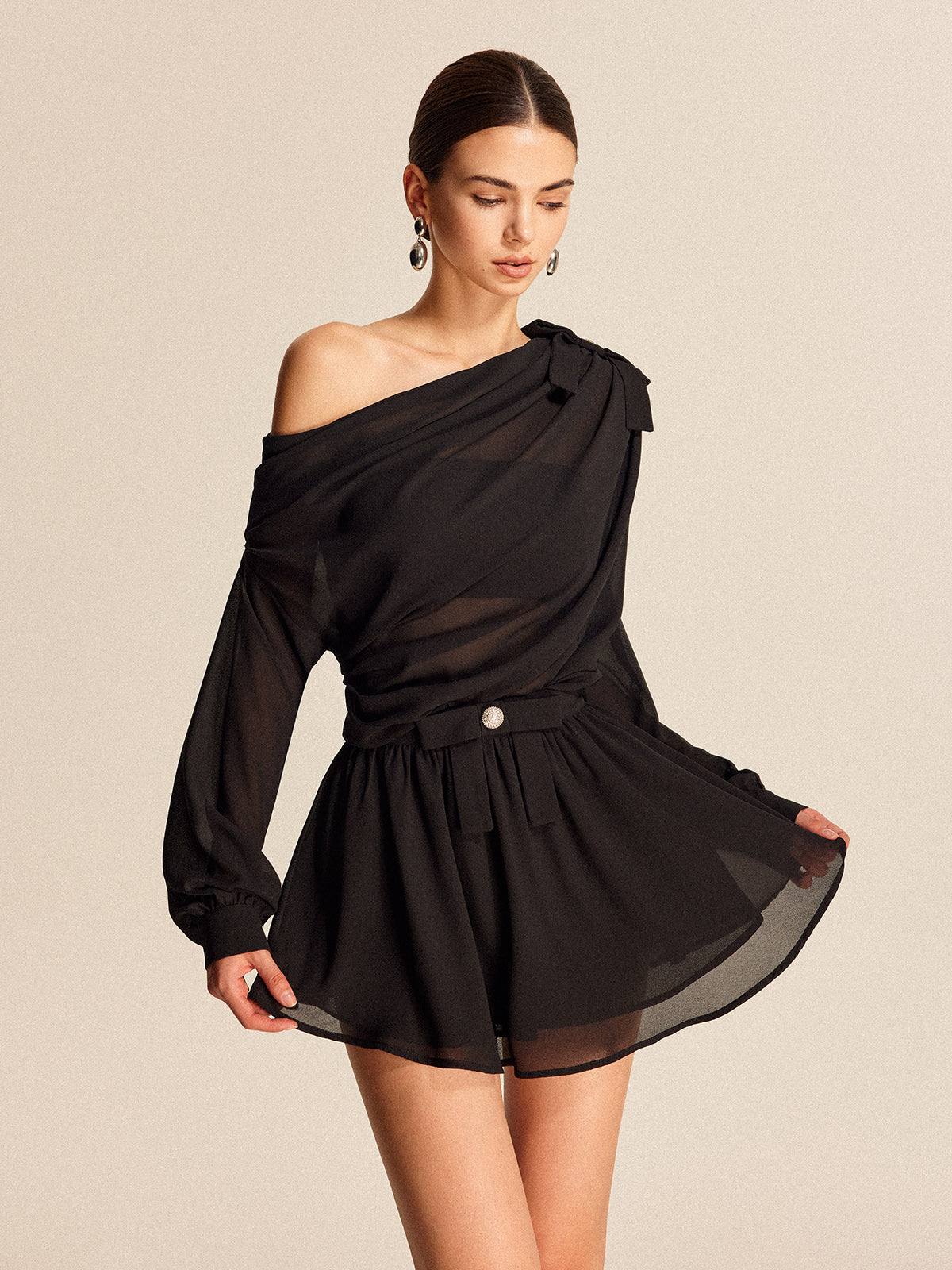 Semi-Sheer Chiffon One-Shoulder Bow Detail Skirt Set