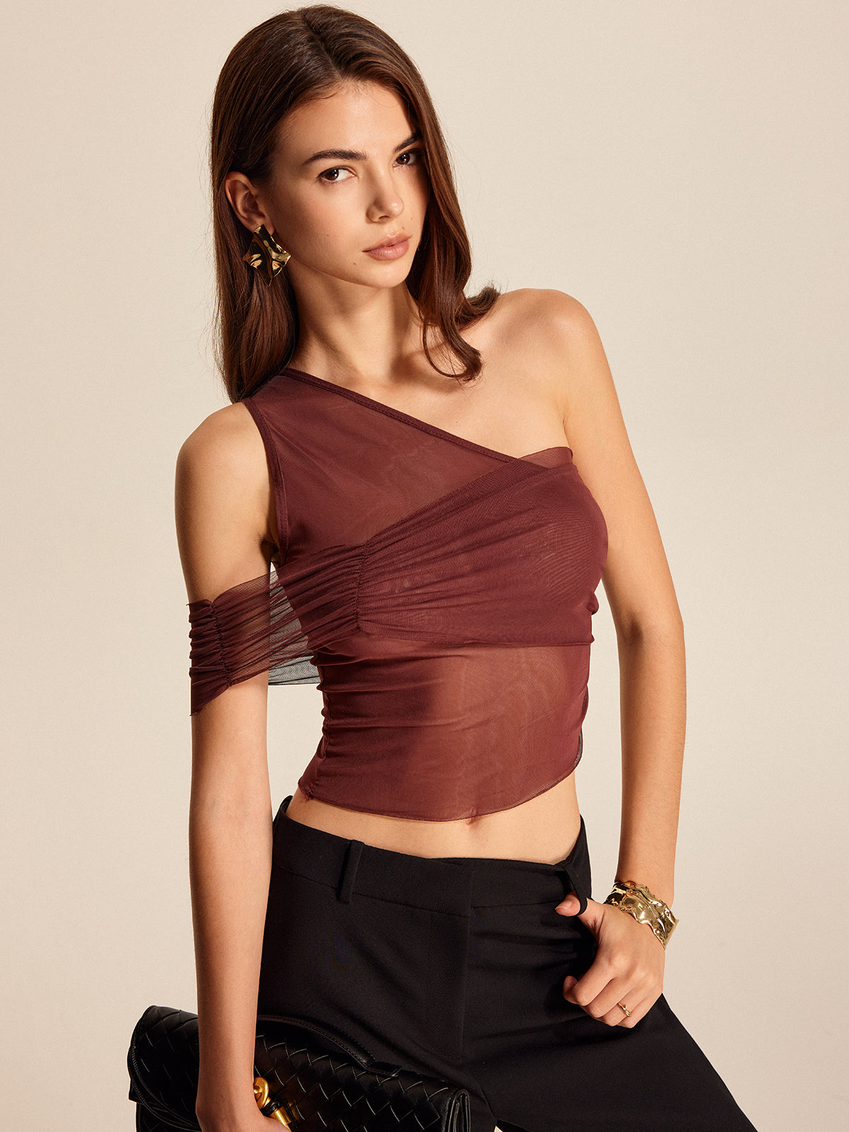 Semi-Sheer One-Shoulder Mesh Top