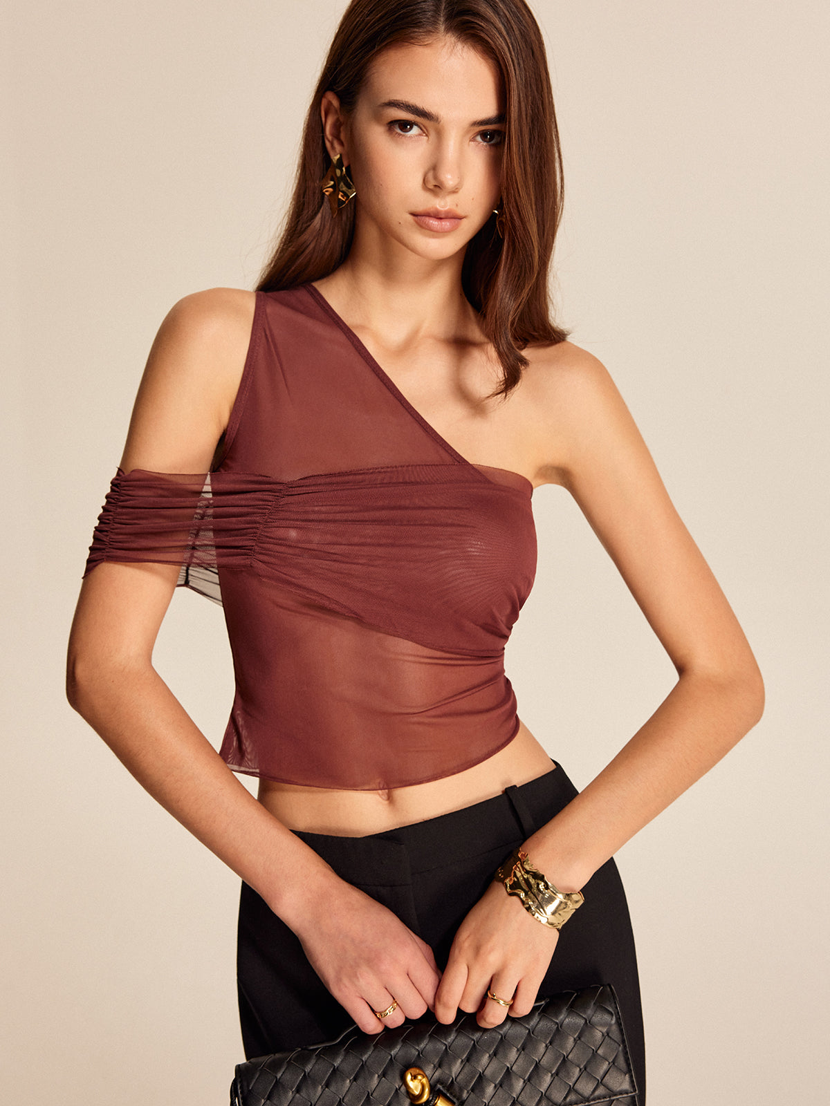 Semi-transparentes, schulterfreies Mesh-Oberteil