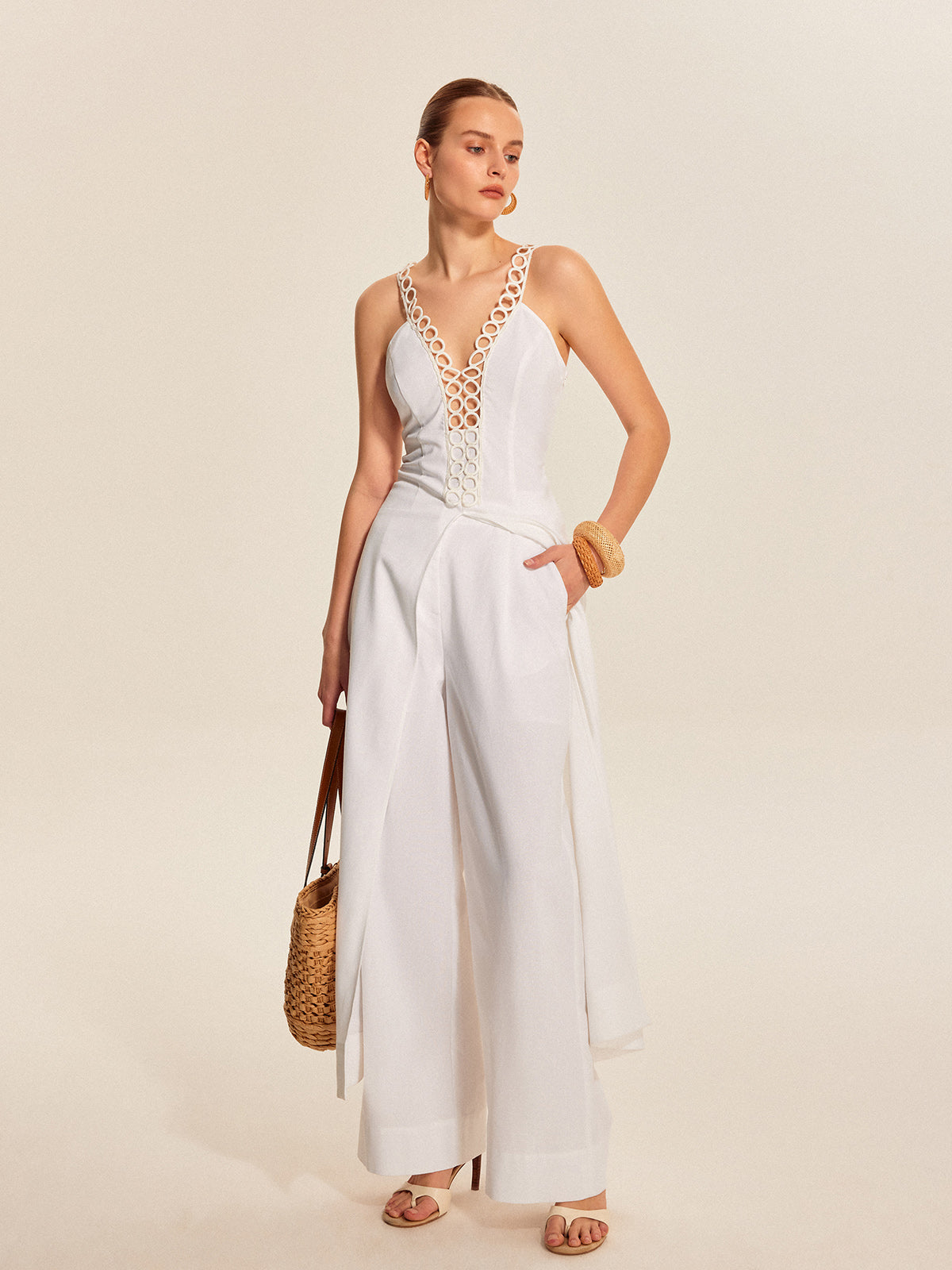 Hollow-Out Lace-Up V-Neck Top