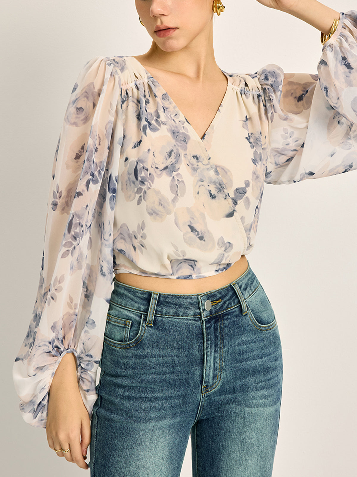 Semi-Sheer Chiffon Floral V-Neck Balloon Sleeve Blouse