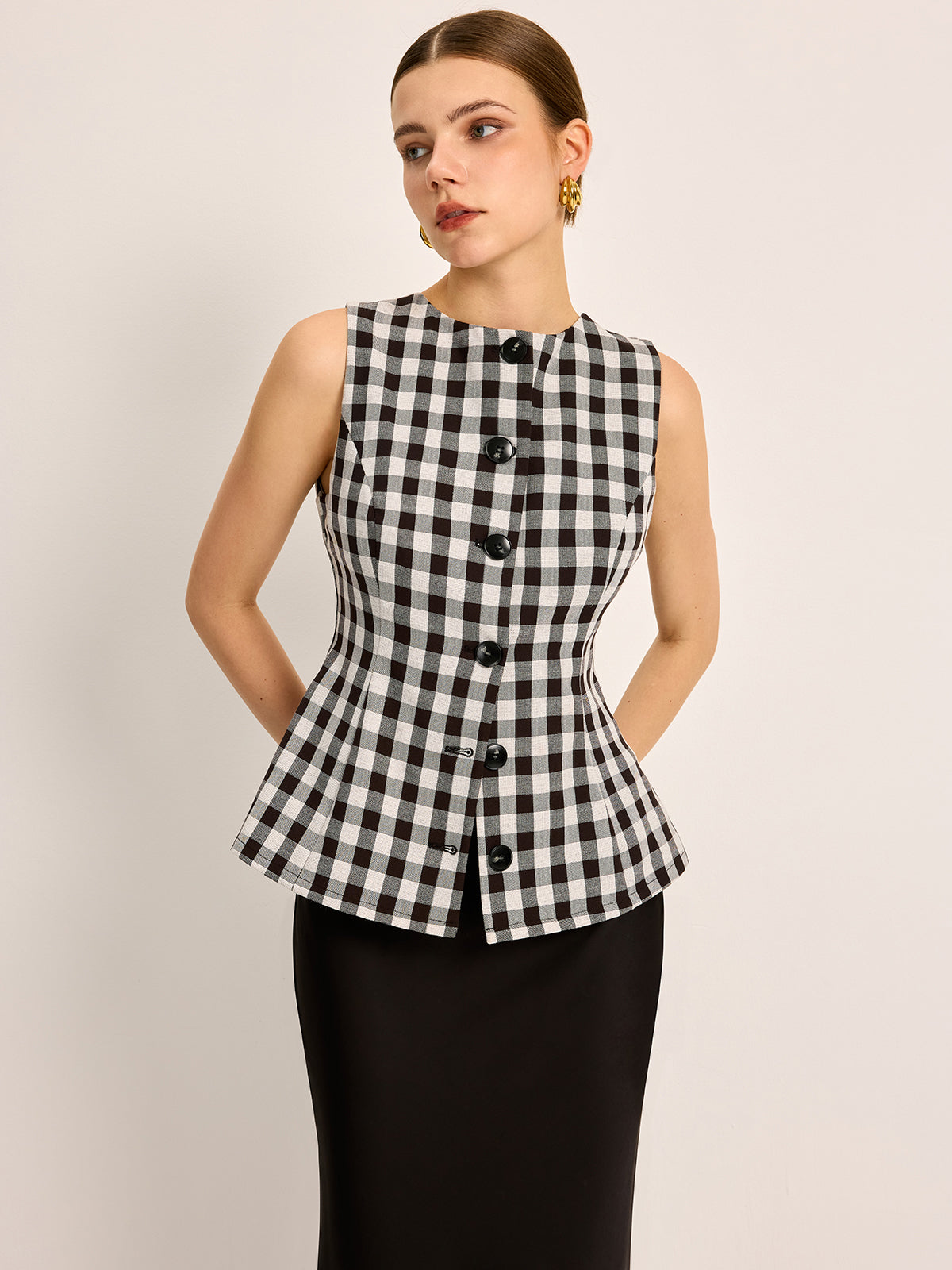 Plaid Button Back Tie Top
