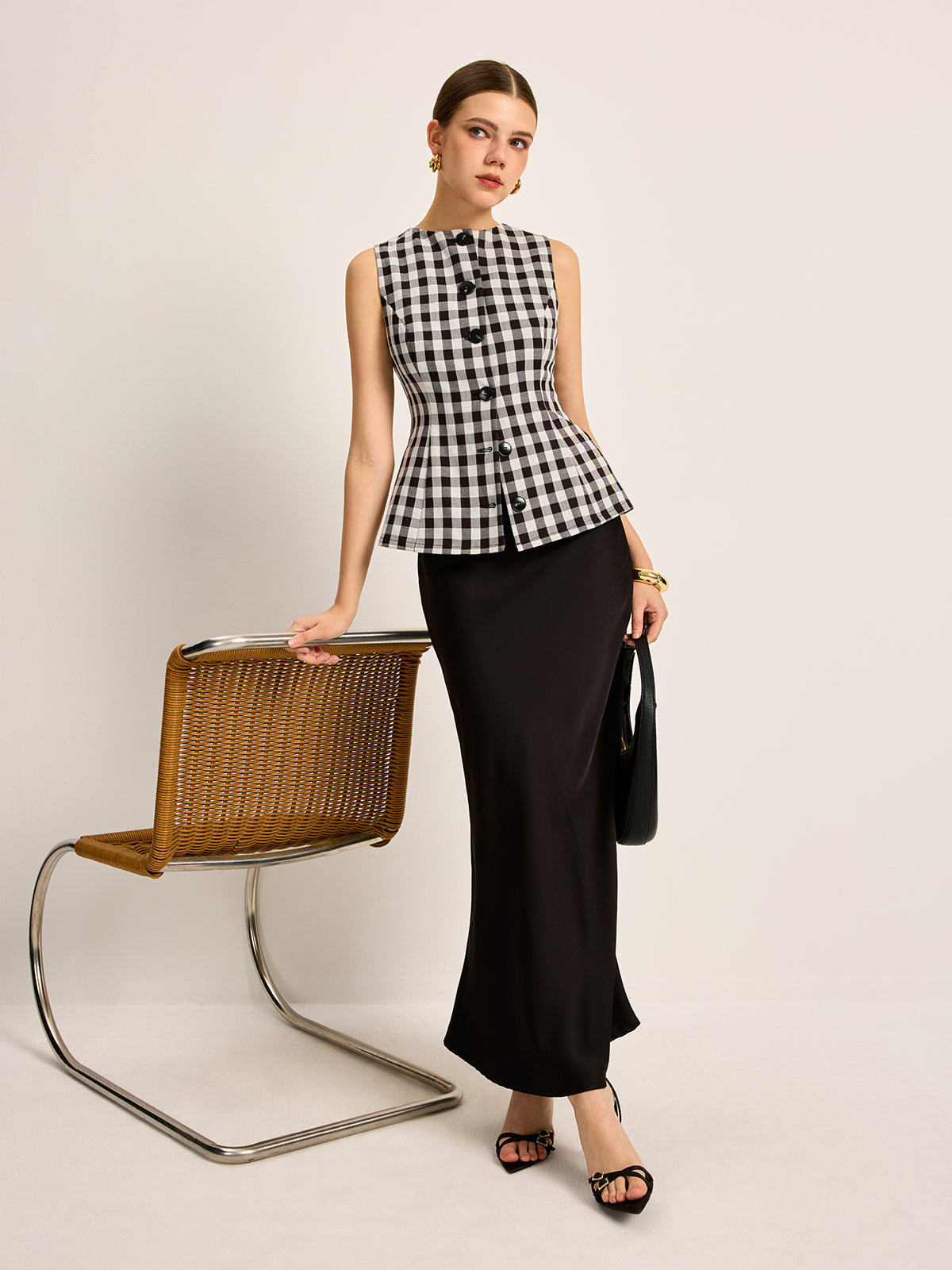 Plaid Button Back Tie Top