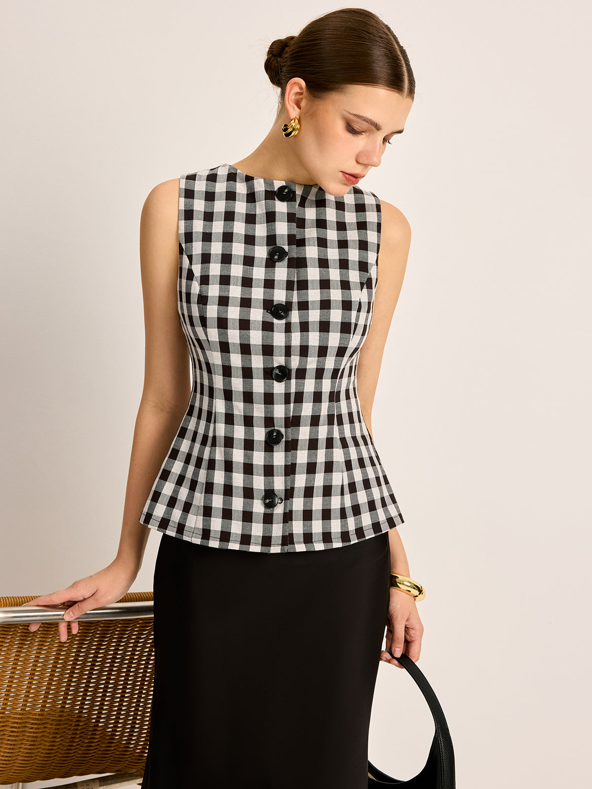 Plaid Button Back Tie Top