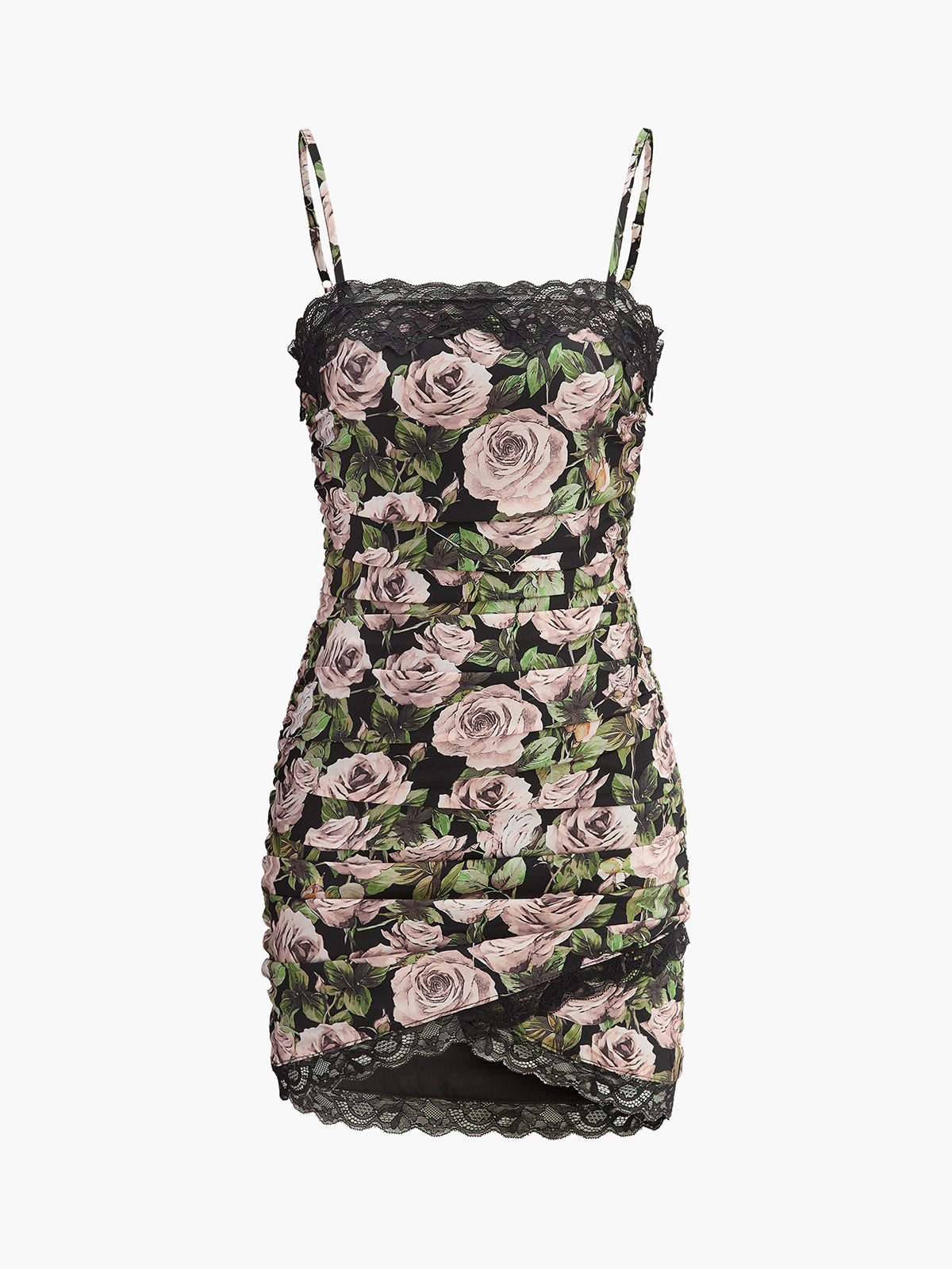 Floral Lace-Trim Ruched Dress