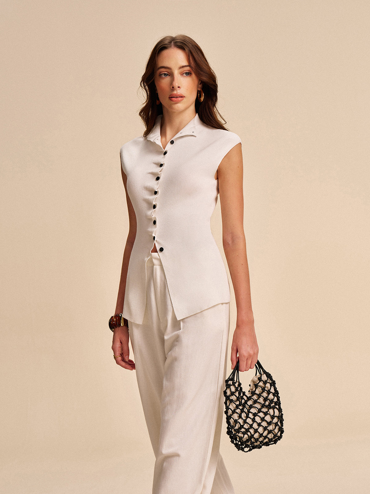 Button-Front Sleeveless Cardigan