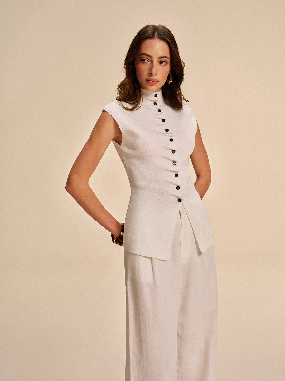 Button-Front Sleeveless Cardigan