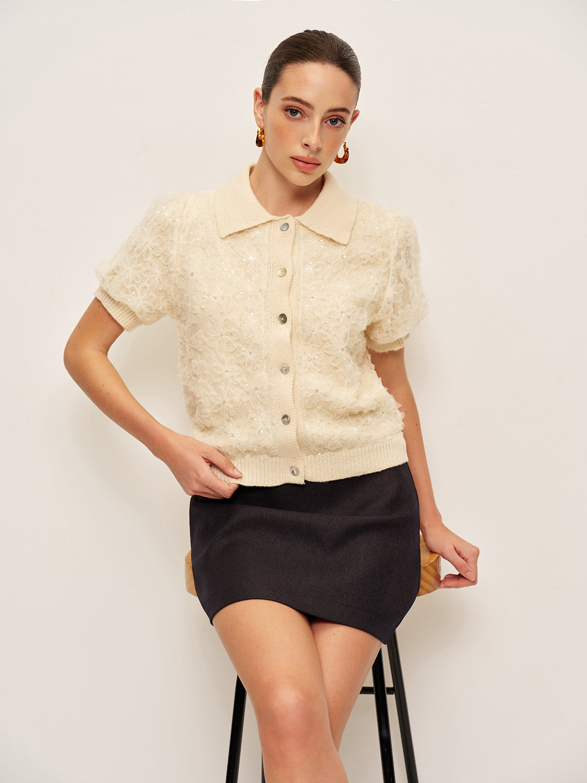 Sequin Embellished Lace Knit Cardigan