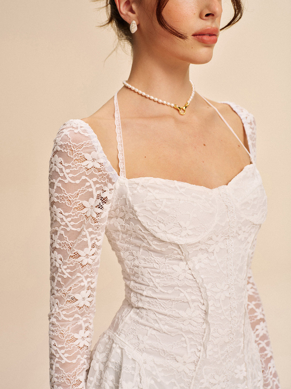 Robe Halter Corset en Dentelle Semi-Transparente
