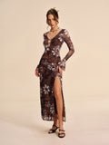 Halbtransparente Mesh-Blumen-Cutout-Schlitzkleid