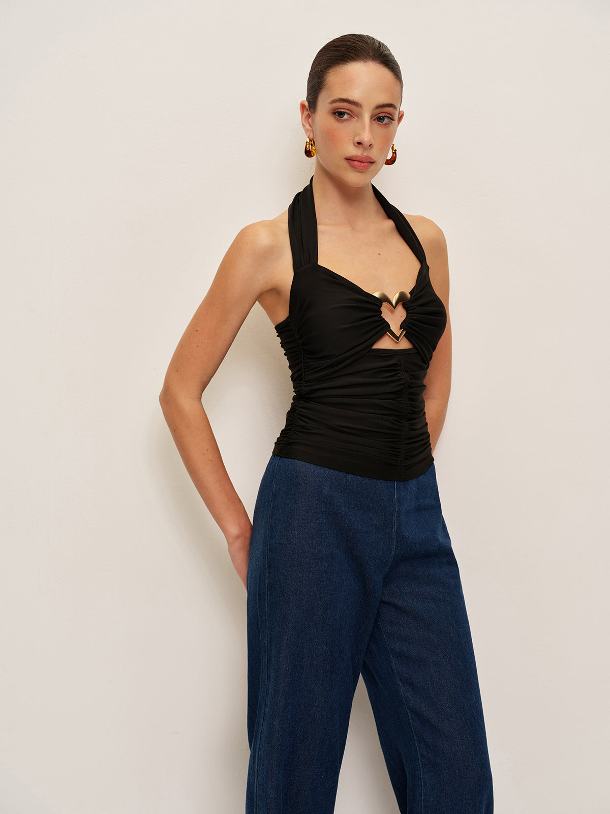 Heart Detail Ruched Halter Top