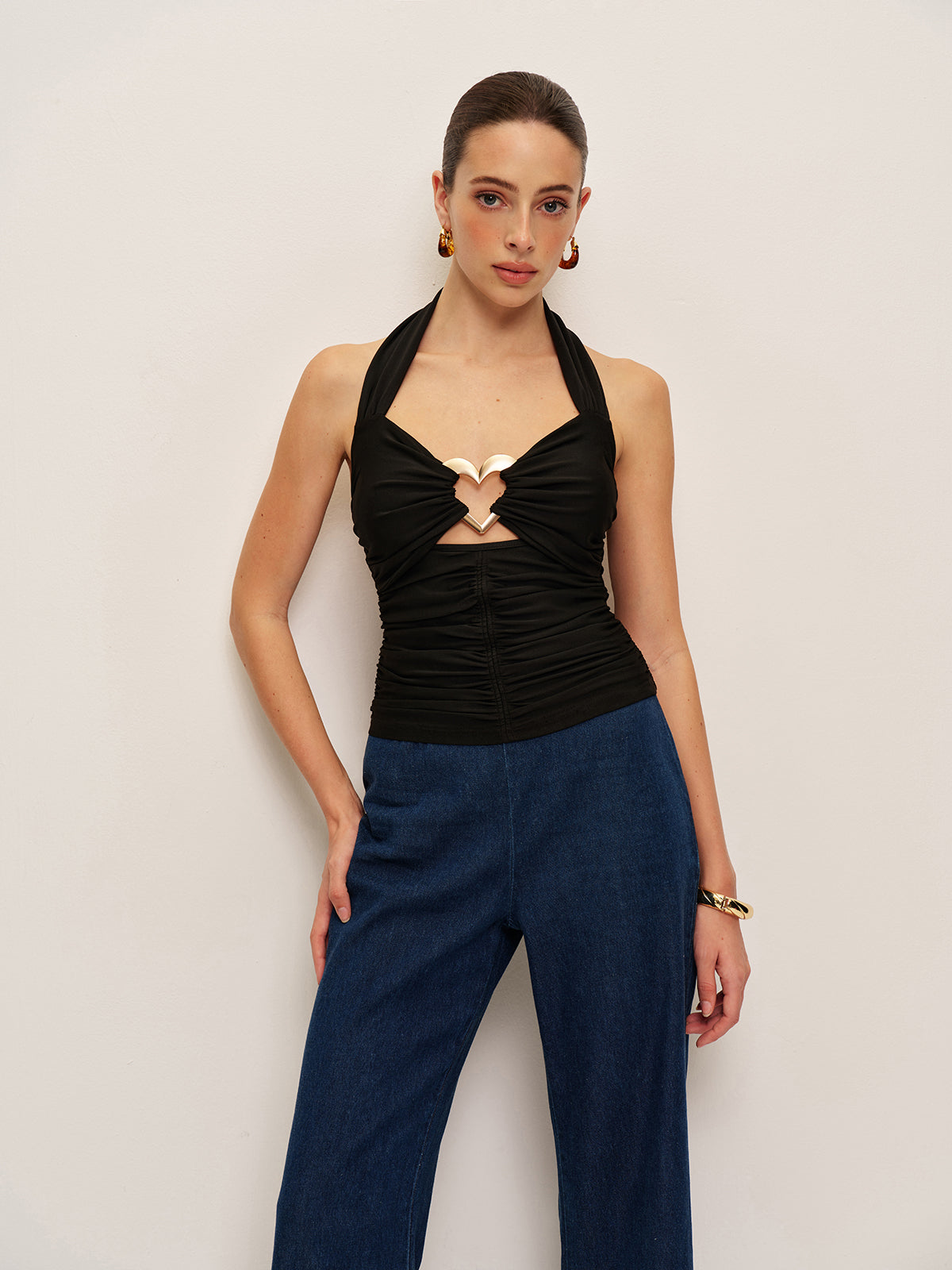 Heart Detail Ruched Halter Top