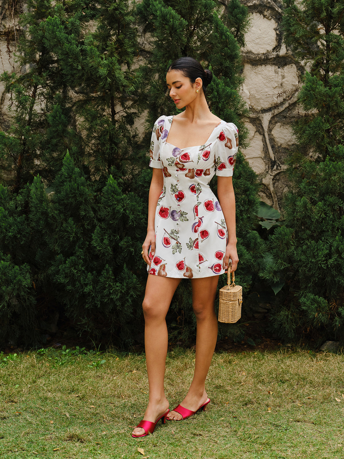 Fruit Print Button-Front Puff Sleeve Dress