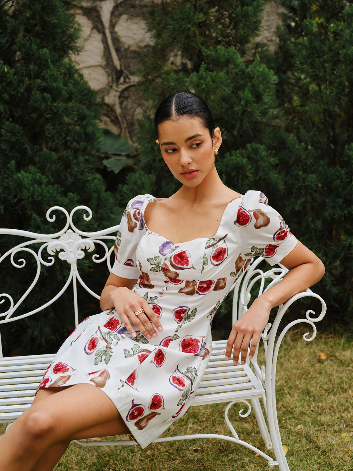 Fruit Print Button-Front Puff Sleeve Dress