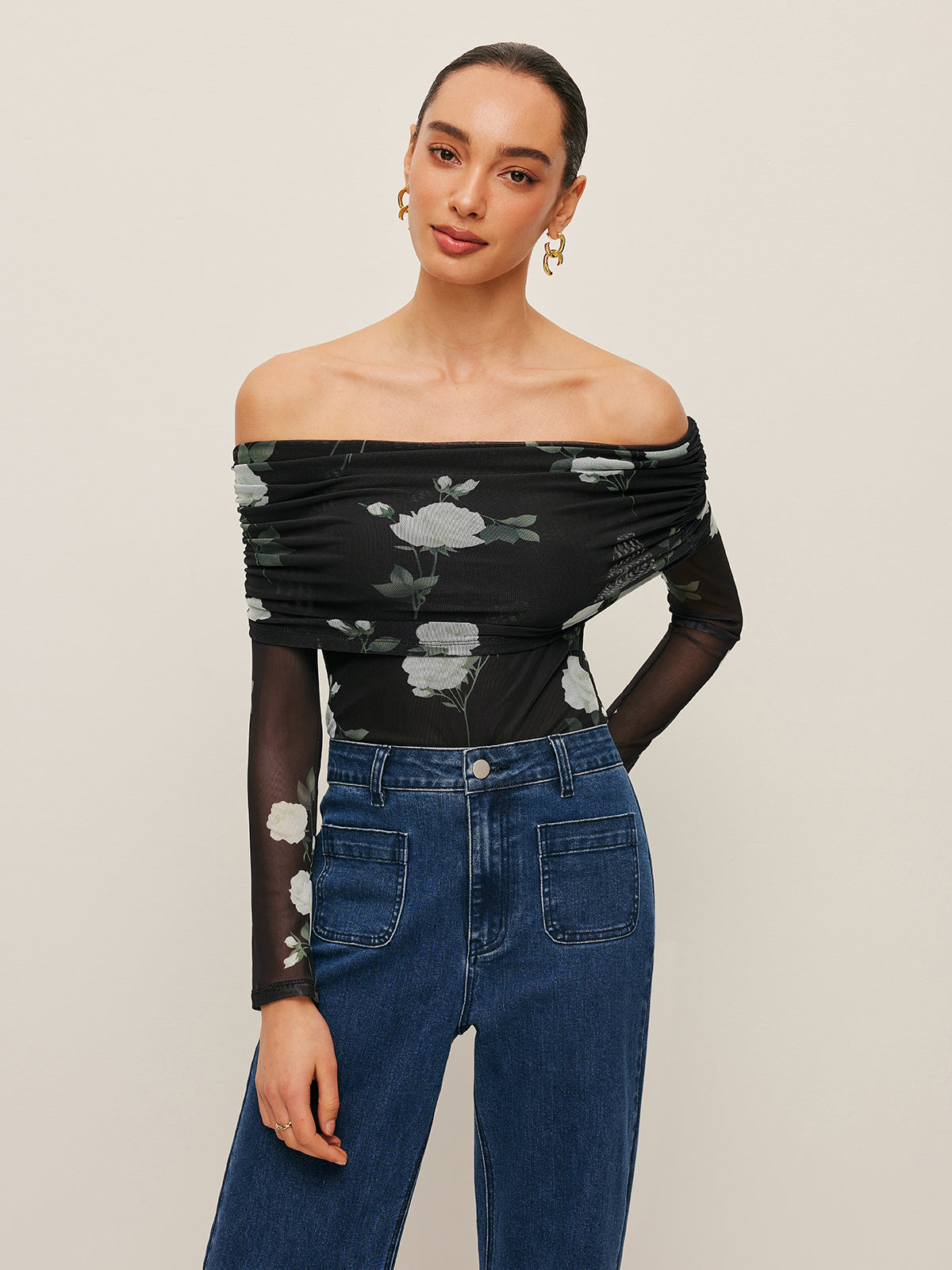Halbtransparenter floraler schulterfreier Mesh-Ärmel-Top