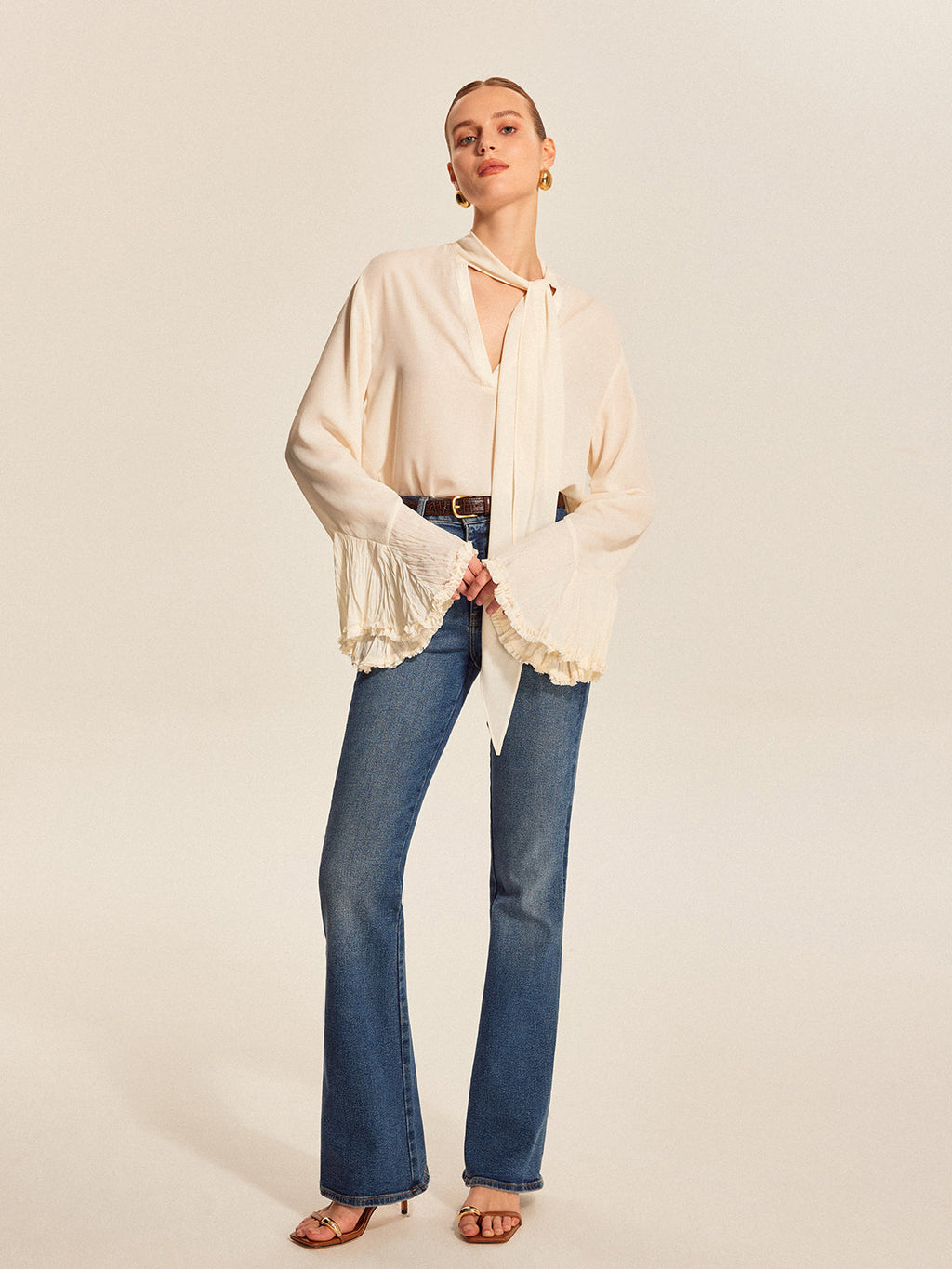 Semi-Sheer Bow Tie Pleated Cuff Chiffon Blouse