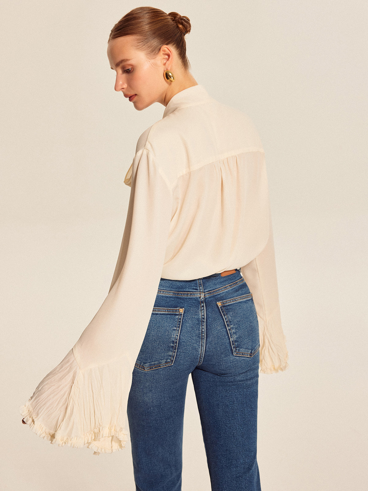 Semi-Sheer Bow Tie Pleated Cuff Chiffon Blouse