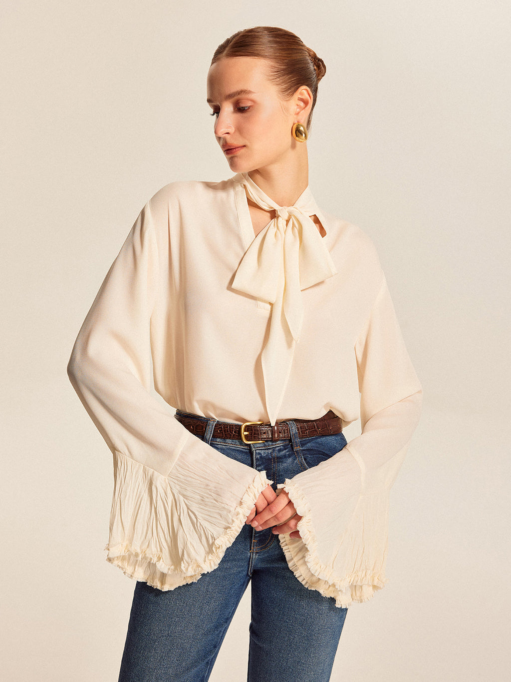 Semi-Sheer Bow Tie Pleated Cuff Chiffon Blouse