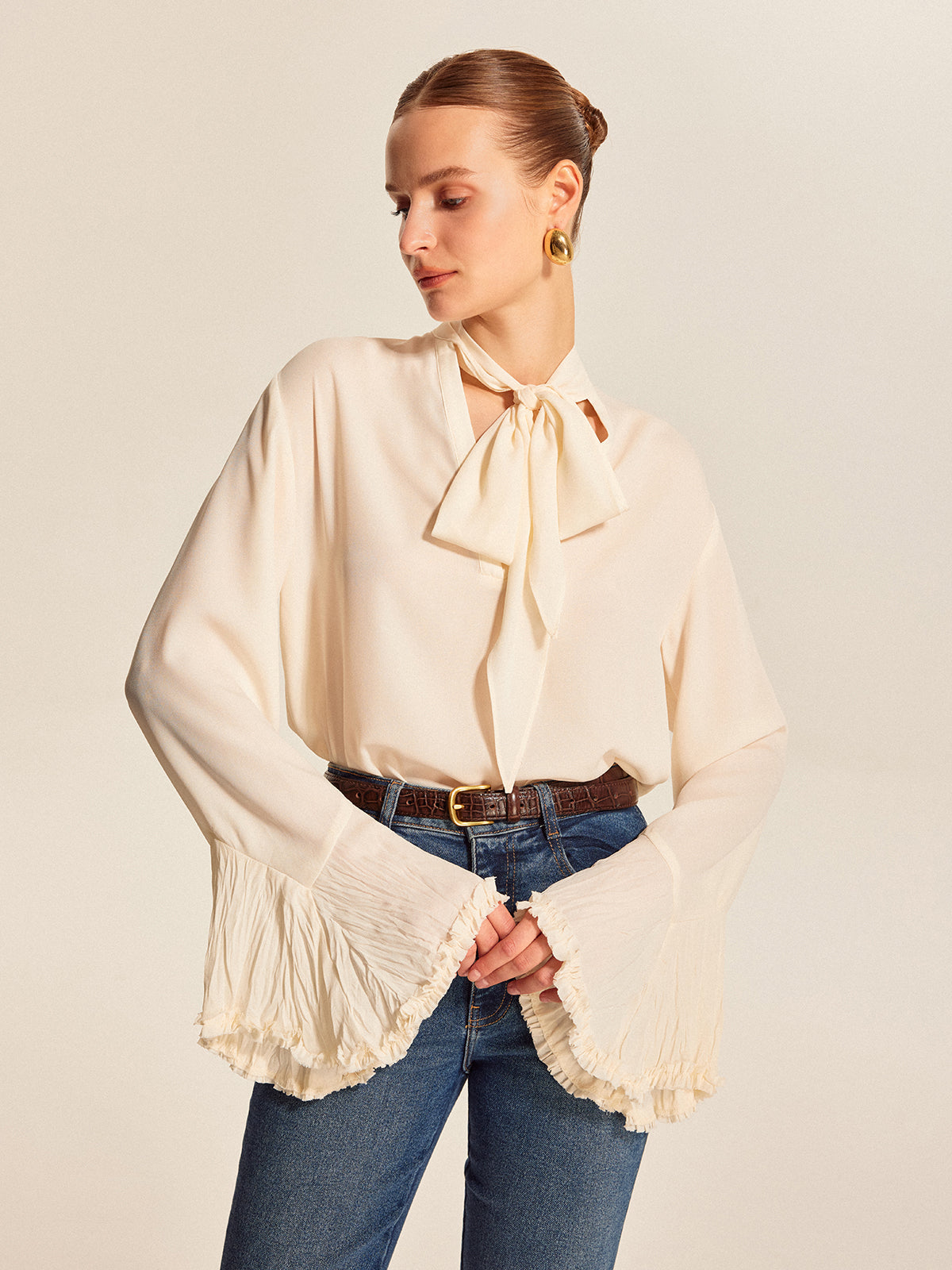 Semi-Sheer Bow Tie Pleated Cuff Chiffon Blouse