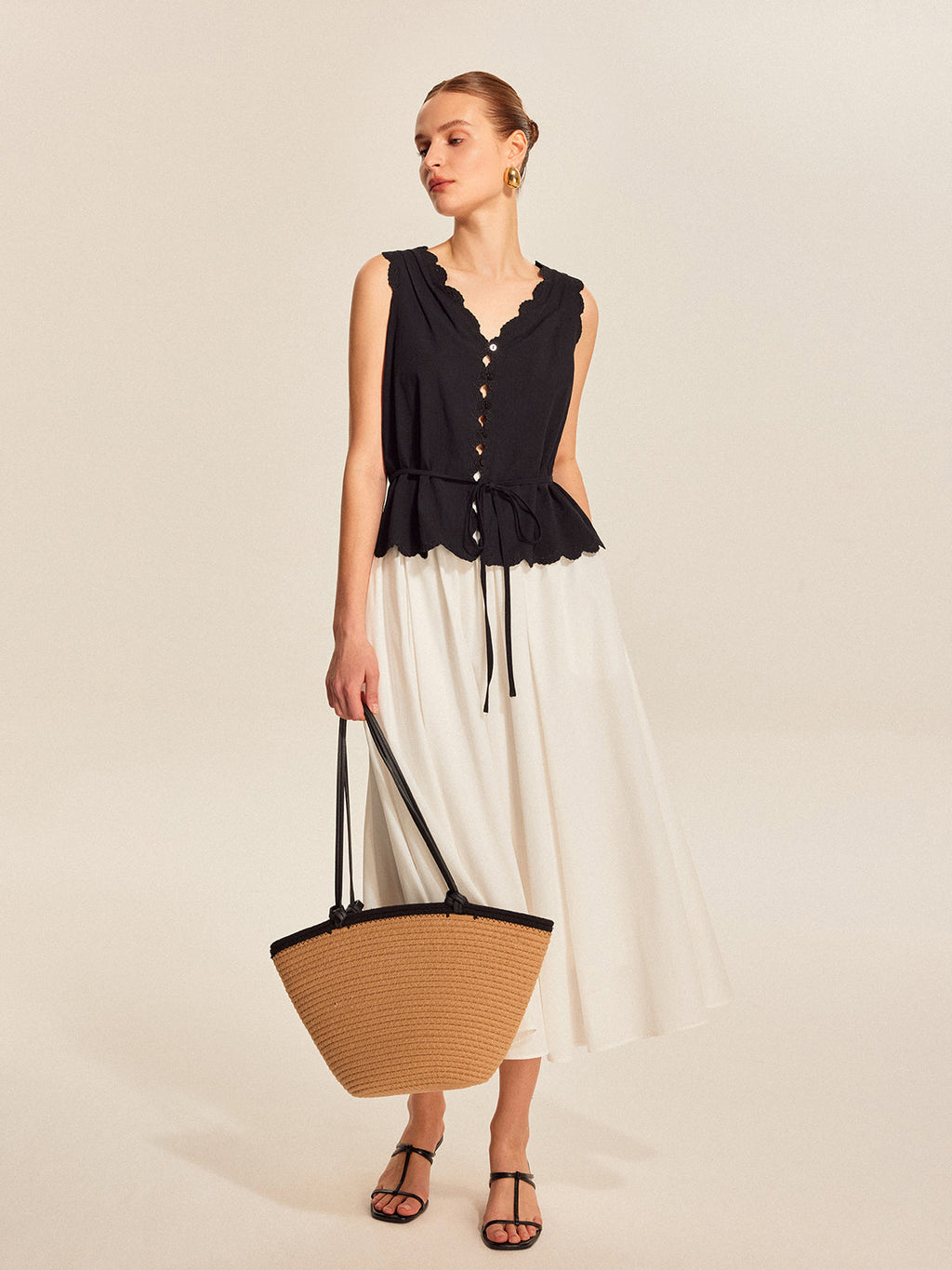 Lace-Trim Scalloped Button-Up Top