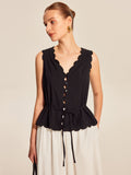 Lace-Trim Scalloped Button-Up Top