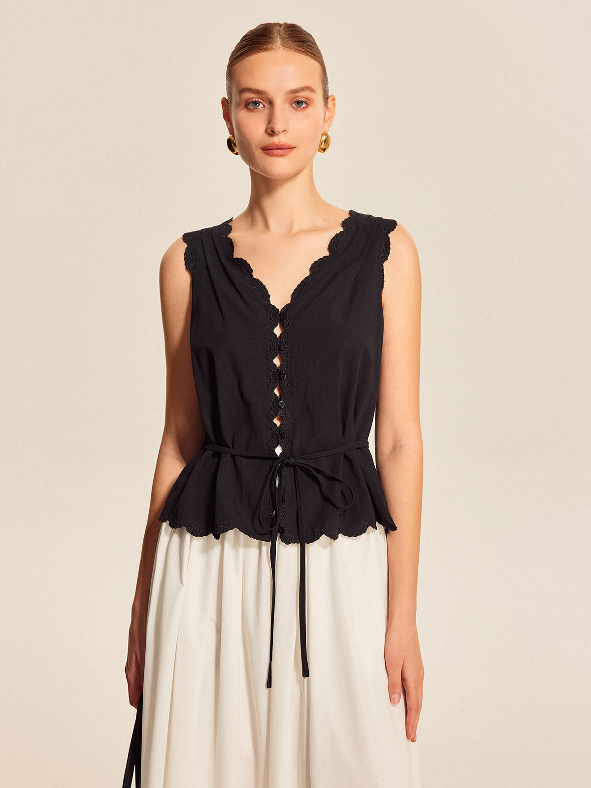 Lace-Trim Scalloped Button-Up Top