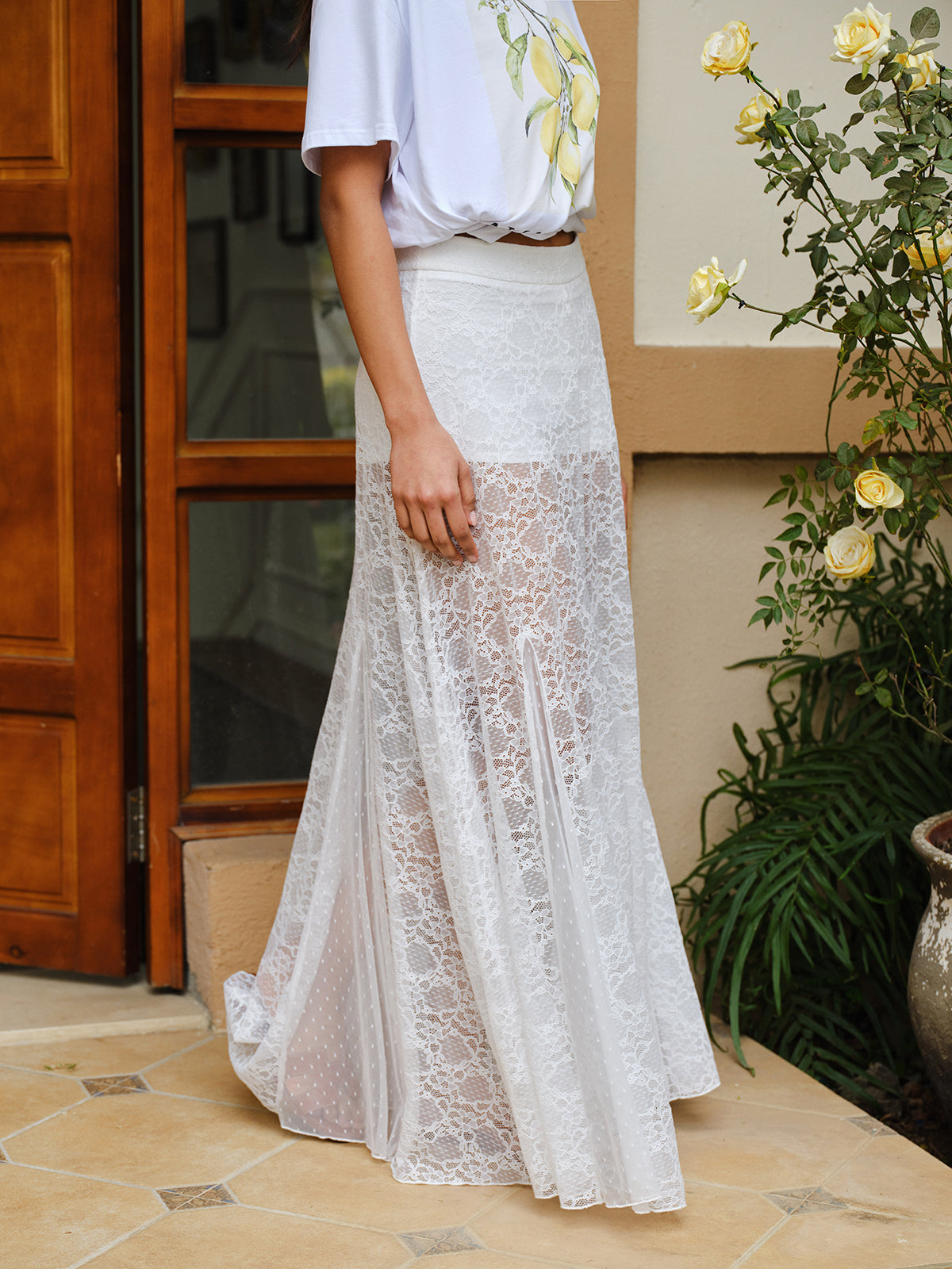 Mid-Waist Semi-Sheer Lace Skirt
