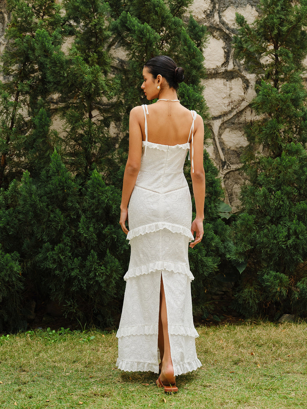 Lace-Up Tie Strap Ruffled Slit Dress