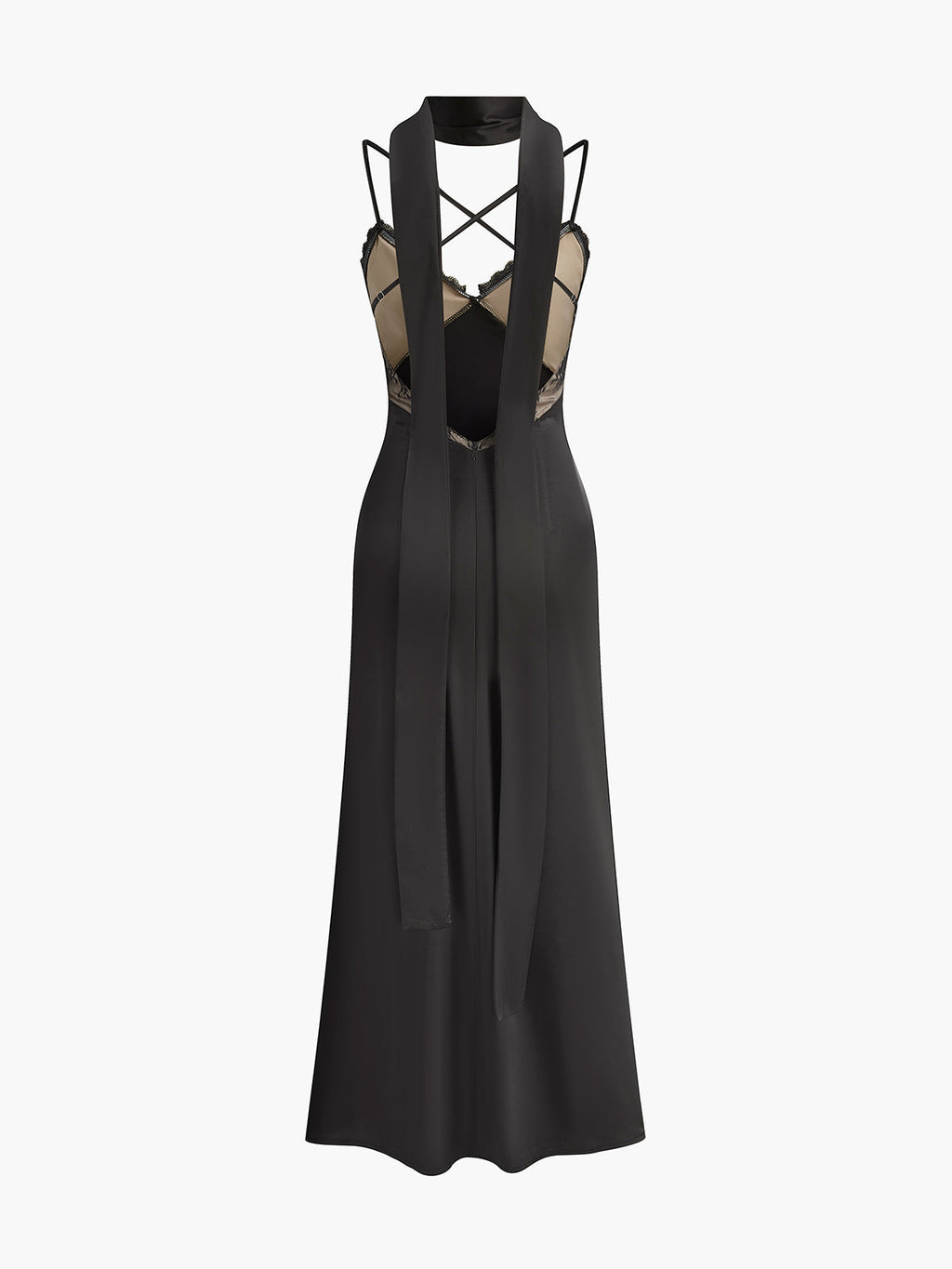 Rückenfreies langes Satin-Trägerkleid mit Spitzenbesatz