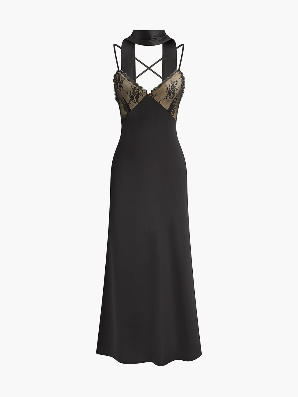 Rückenfreies langes Satin-Trägerkleid mit Spitzenbesatz