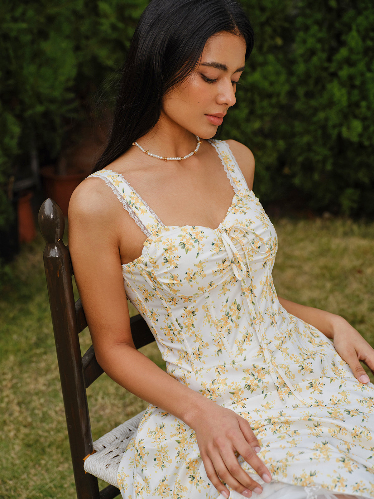 Floral Lace-Trim Tie-Front Dress