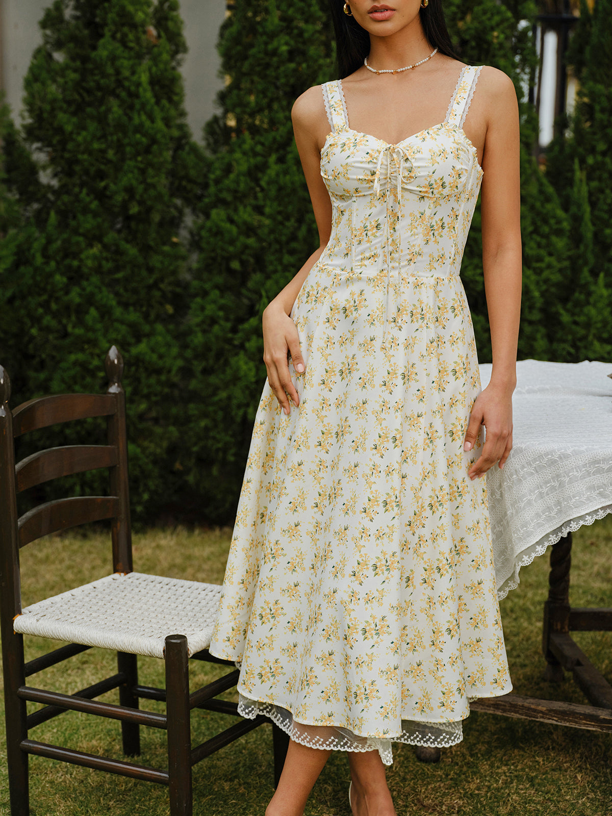 Floral Lace-Trim Tie-Front Dress