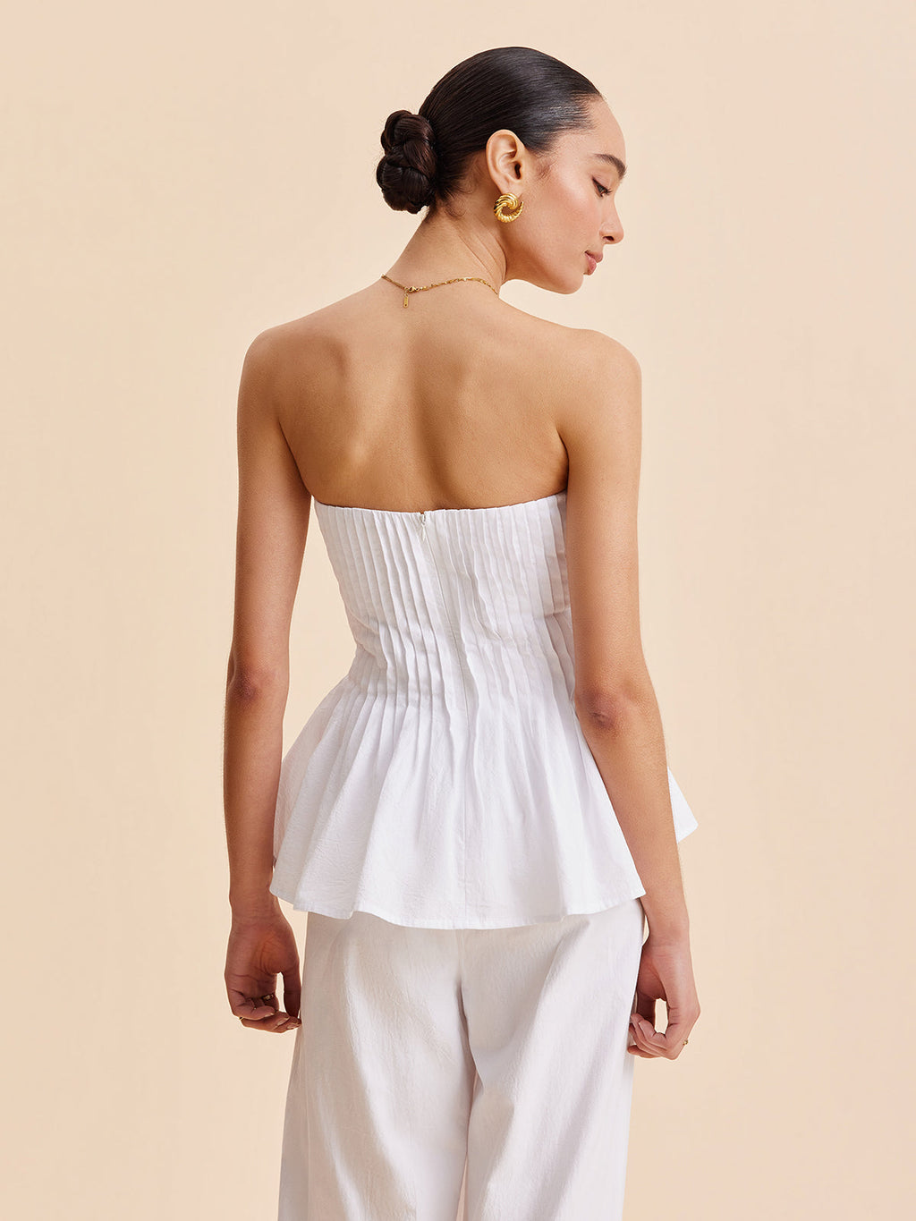 Cotton Pleated Strapless Peplum Top