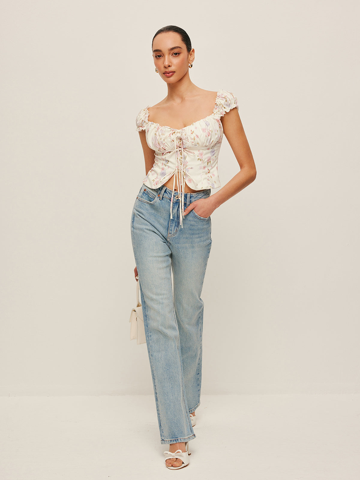 Bustier-Top mit Rüschenärmeln und Schleifenverschluss