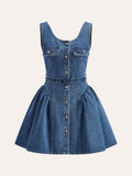 Robe plissée boutonnée en jean avec ceinture