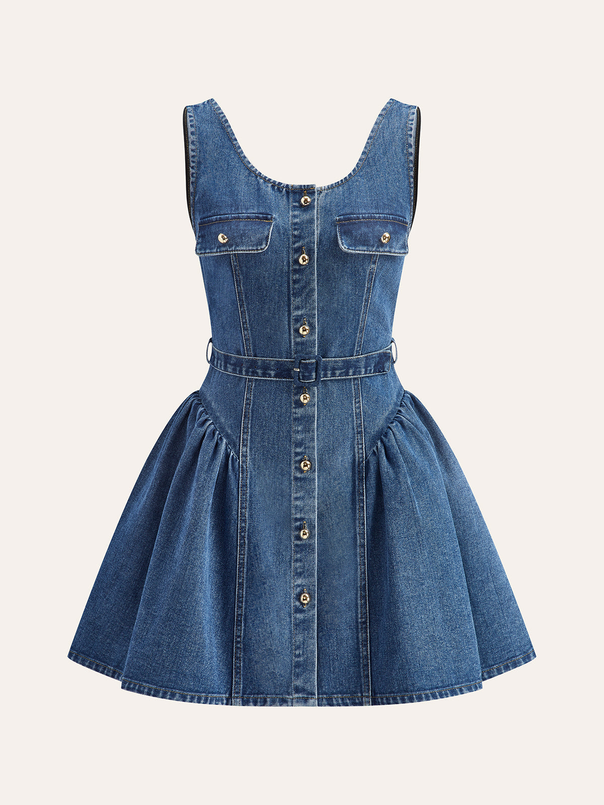 Robe plissée boutonnée en jean avec ceinture