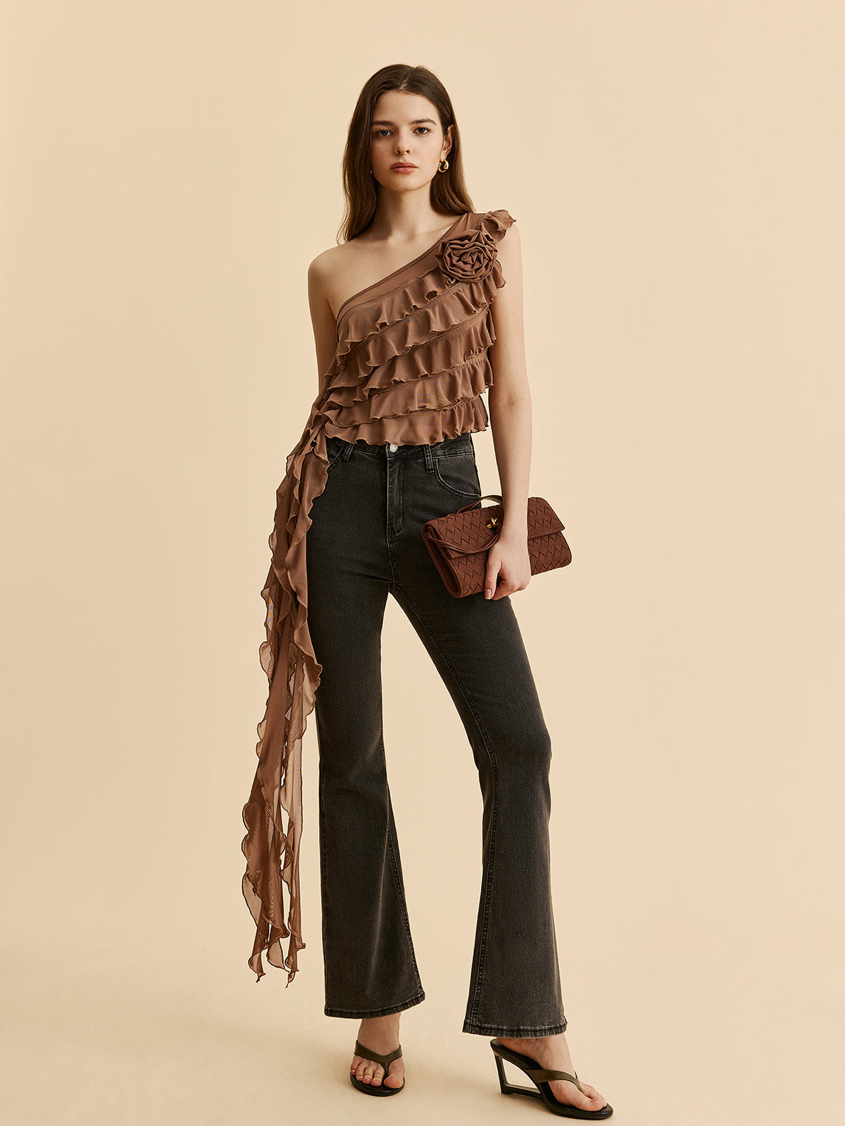 One-Shoulder Ruffled Rosette Detail Top