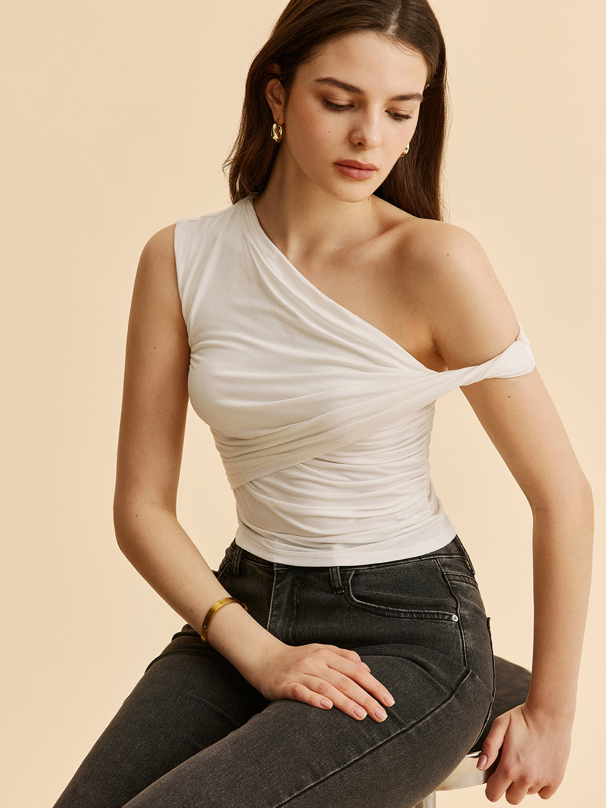 Asymmetrical Ruched One-Shoulder Top