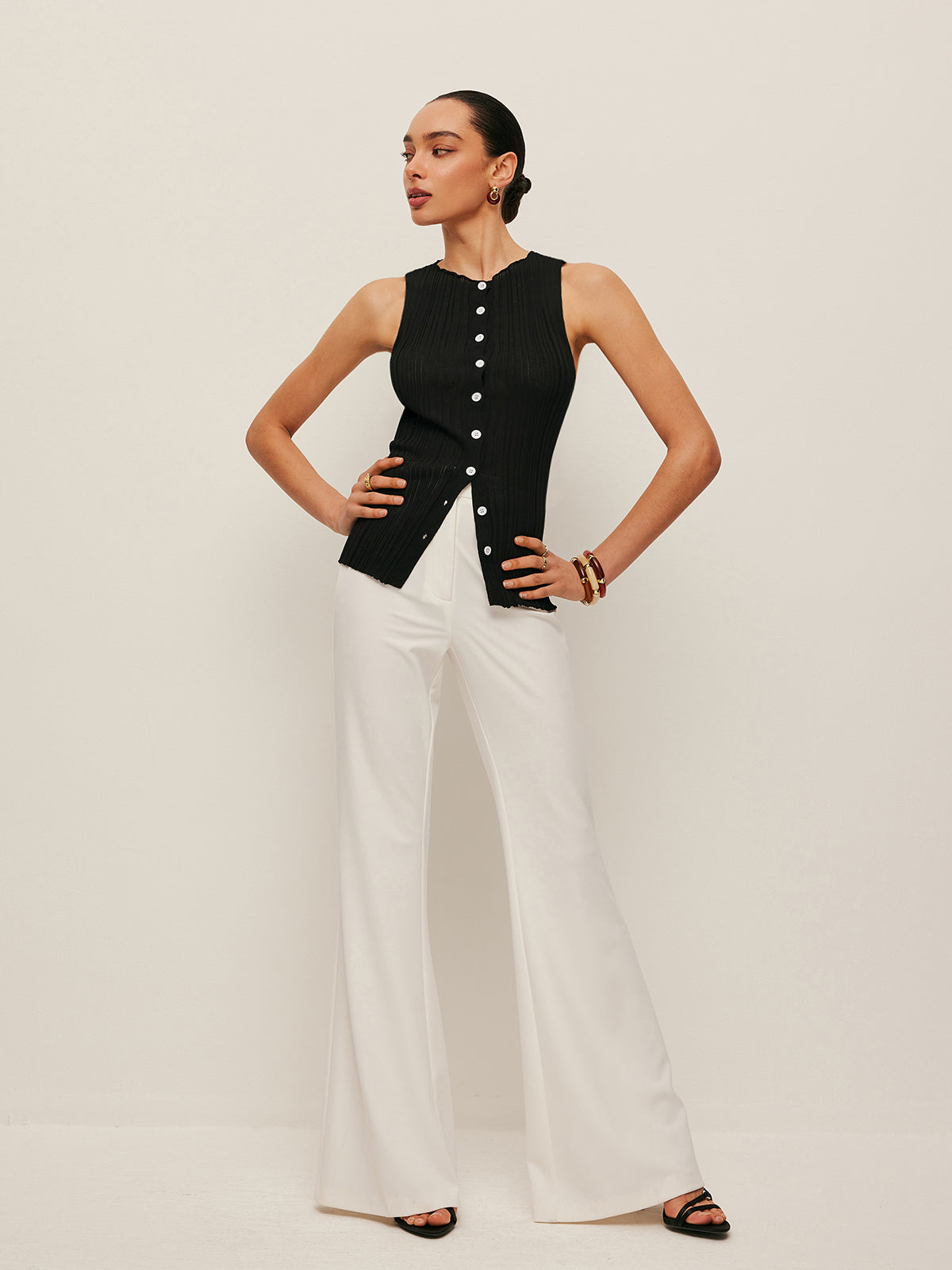 Sleeveless Ribbed Button-Front Top