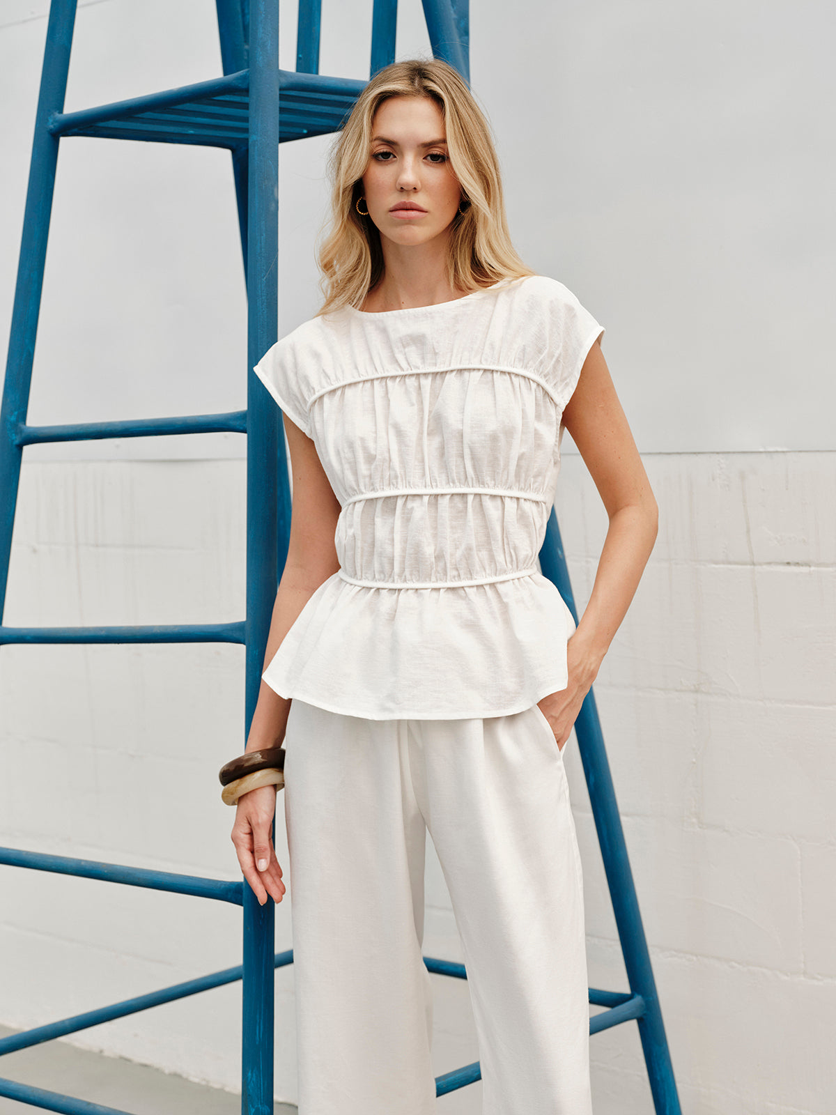 Semi-Sheer Crew-Neck Linen Blouse