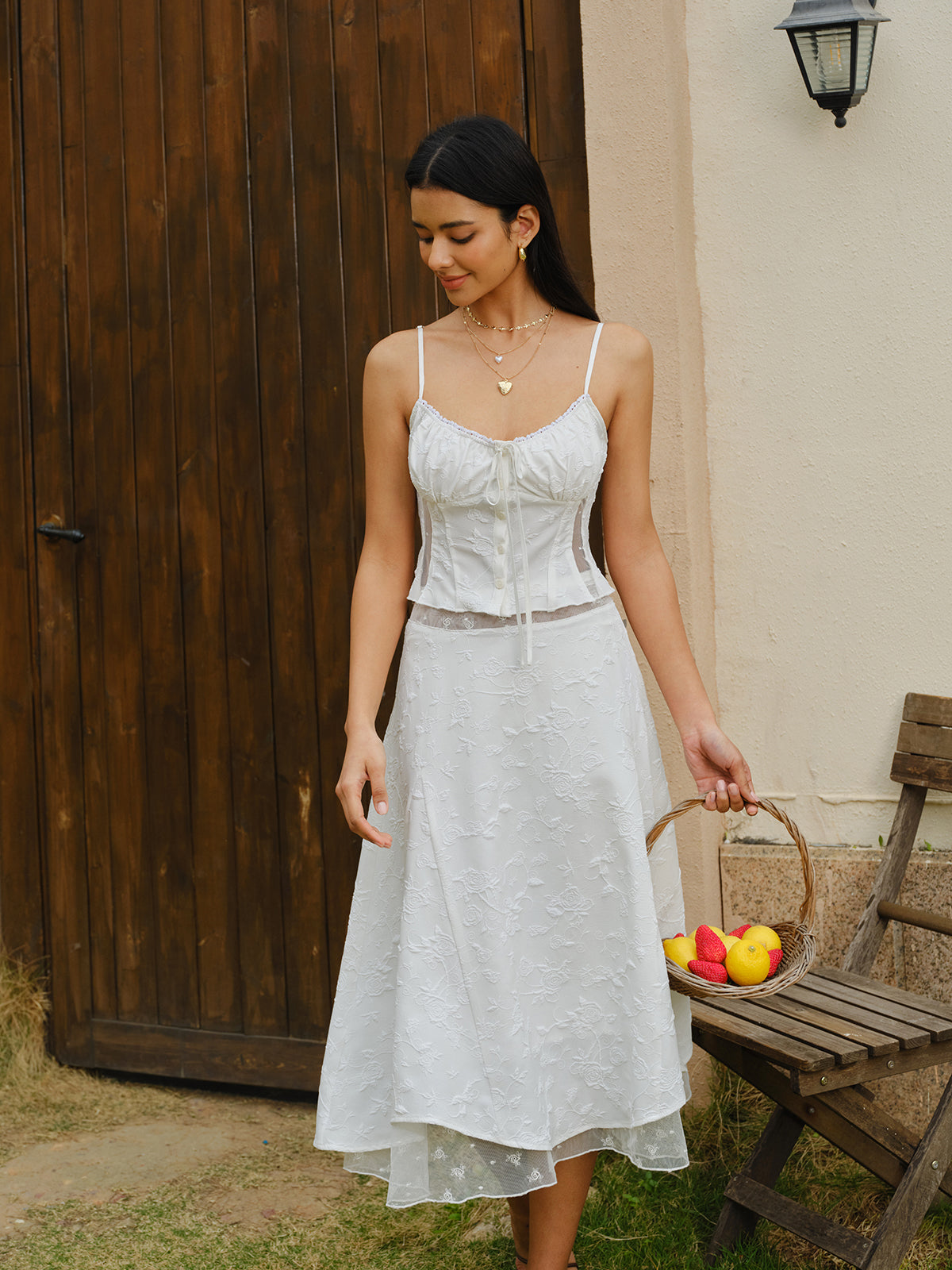 Embroidered Lace-Up Crop Top With Skirt Set