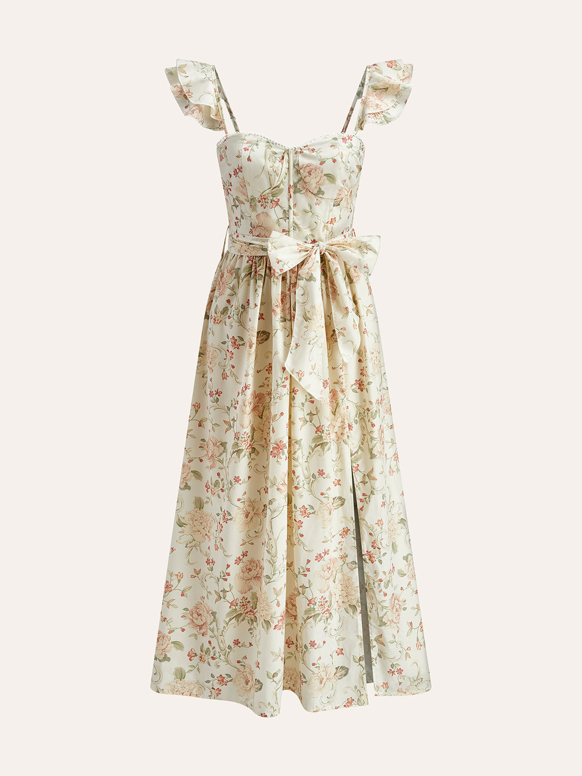 Geblümtes Kleid mit Rüschenträgern, Taillenschnürung und Schlitz